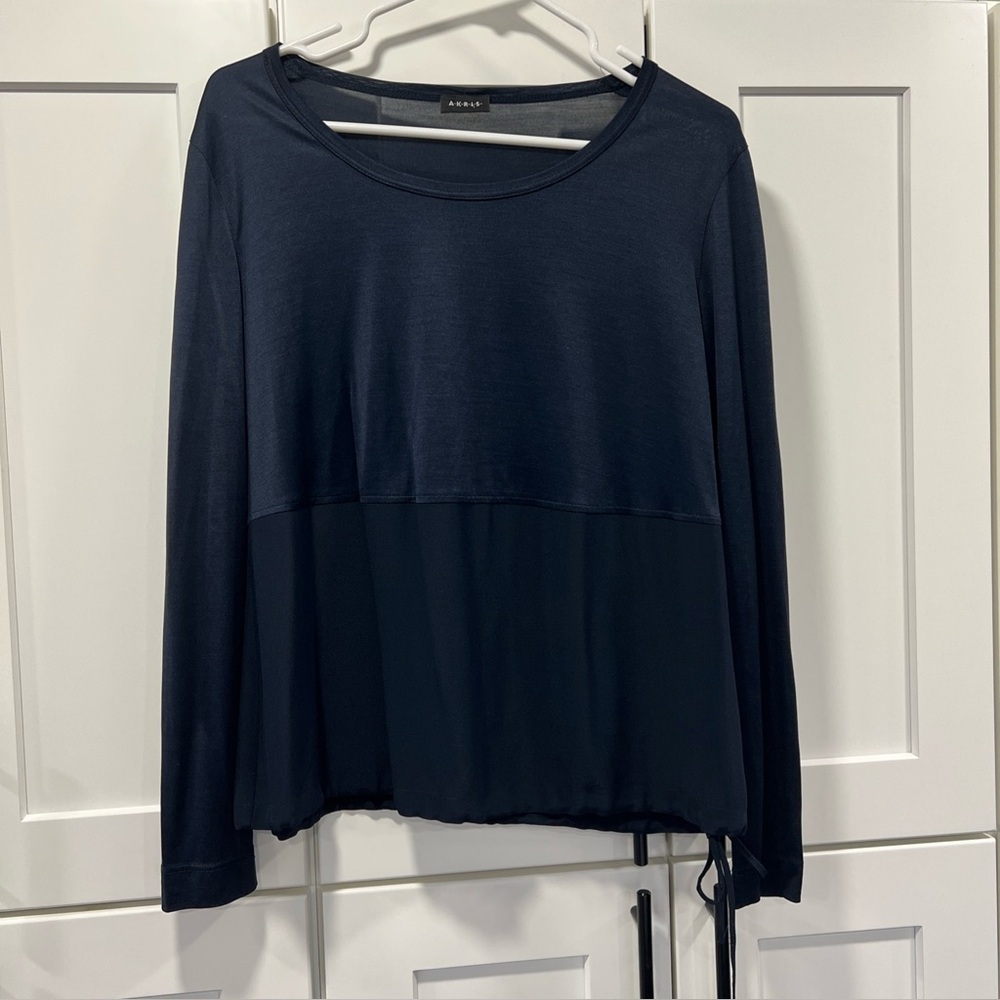AKRIS silk cinch tie hem blouse womens 10 long sleeve sophisticated luxury Navy